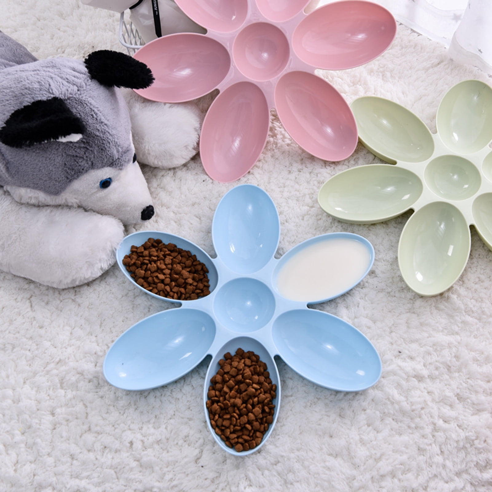 Flower Petal Shaped Cat Food Bowl - 6 Grid Plastic Feeding Bowl With Non-Slip Base - Multi Pet Dish