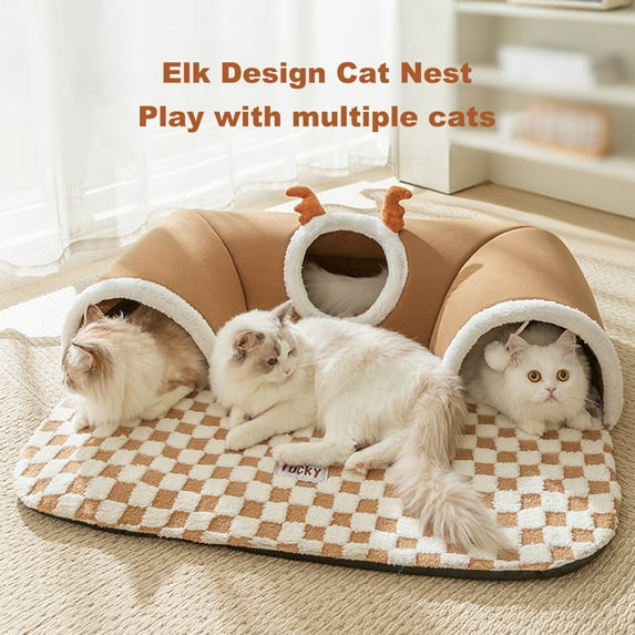 Walbest Cat Tunnel Bed Indoor Warm Antler Cat Peekaboo Cave Nest Kitty Tube with Plush Ball Toy Removable Small for Kitty Bunny