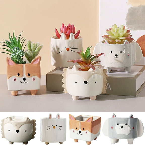 Walbest Ceramic Animal Succulent Plant Pot, Cute Rabbit, Hedgehog & Cat Shaped Half Glazed Rough Pottery Indoor Planter for Flower Cactus Air Plants, Home Garden Decor Gift, 3.15" x 2.95"
