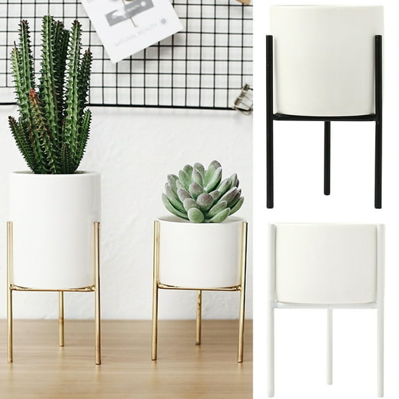 Walbest Ceramic Round Ceramic and Metal Planter & Stand Set