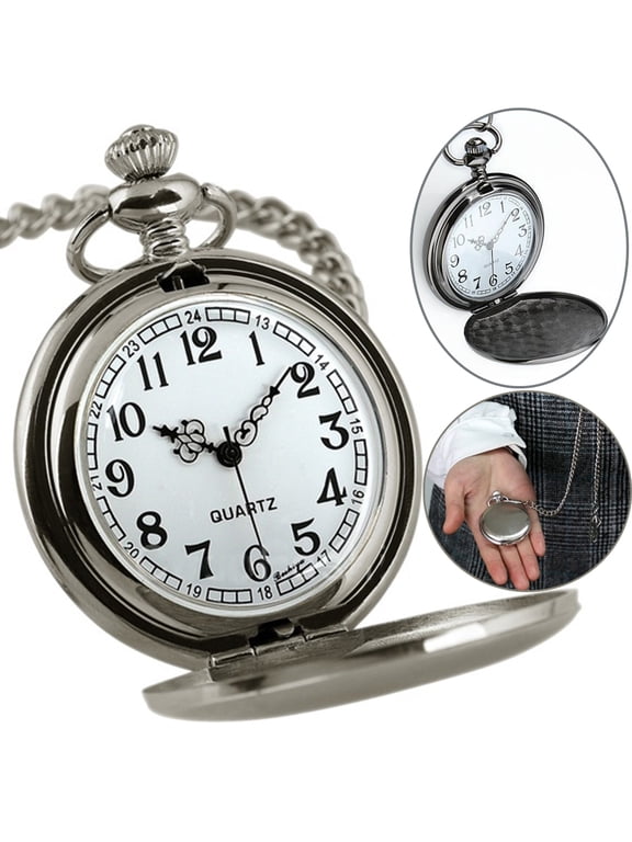 RLESO Vintage Quartz Pocket Watch with Chain, Classic Smooth Surface Timepiece with Arabic Numerals, Retro Gift for Men and Women