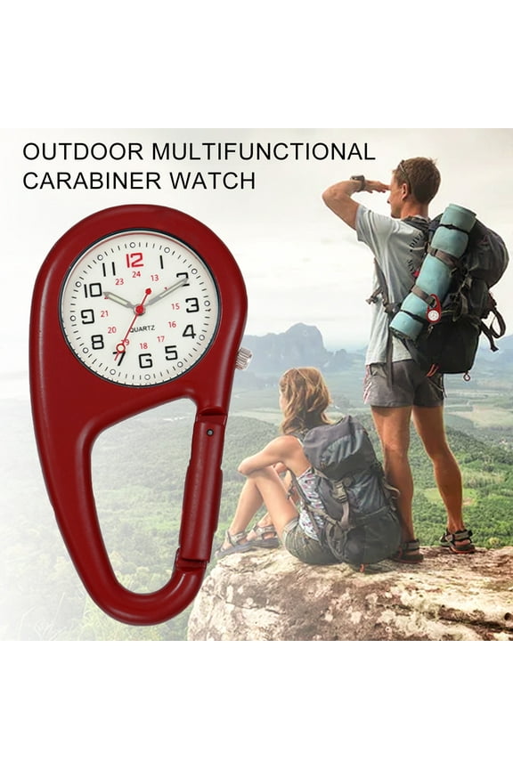 Clip-on Quartz Watch Backpack Belt Carabiner Watch Luminous Shock Resistance Watch, Unisex Pocket Watch with White Dial for Outdoor Activities(Red)
