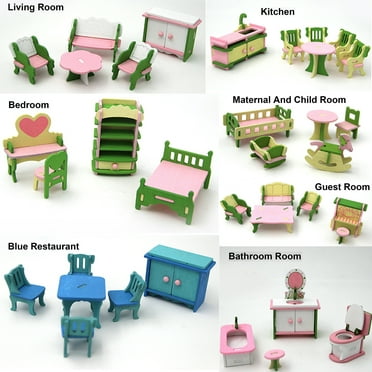 Walbest Colorful Wooden Doll House Furniture Room Set, Wood Miniature Bathroom/ Living Room/ Bedroom/ Kitchen House Furniture Dollhouse Doll Decoration Accessories Pretend Play Kids Toys