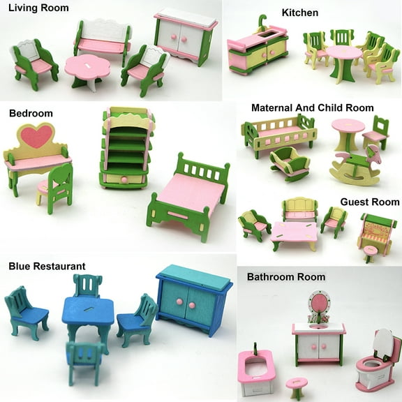 Walbest Colorful Wooden Doll House Furniture Room Set, Wood Miniature Bathroom/ Living Room/ Bedroom/ Kitchen House Furniture Dollhouse Doll Decoration Accessories Pretend Play Kids Toys
