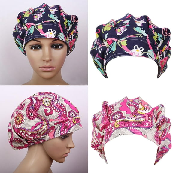 Walbest Cotton Floral Printed Puffy Nurse Cap, Breathable Adjustable Bouffant Hat for Beautician Anesthetist