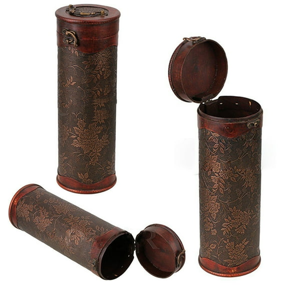 Walbest Cylinder Retro Wooden Wine Gift Box, Vintage Round Wooden Single Red Wine Storage Box Holder with Handle