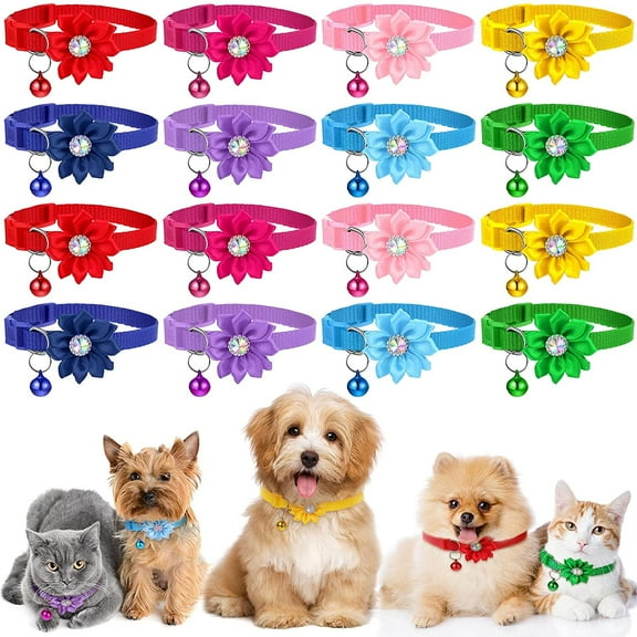 Walbest Dog Cat Collar Flowers Dog Bow Tie for Girls Dogs Cats Puppy Detachable Flower with Bell Adjustable Pet Collar Flower Accessories