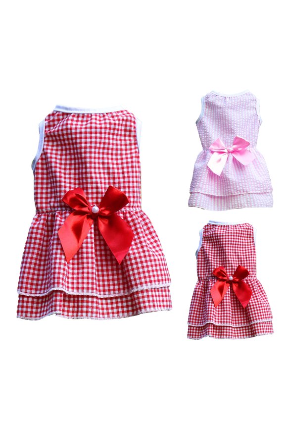 Dog Dress Plaid Dog Dress with Bow XSmall Dog Clothing Dog Cat Summer Pink Red Clothes for Small Medium and Large Dogs Girl XS-L