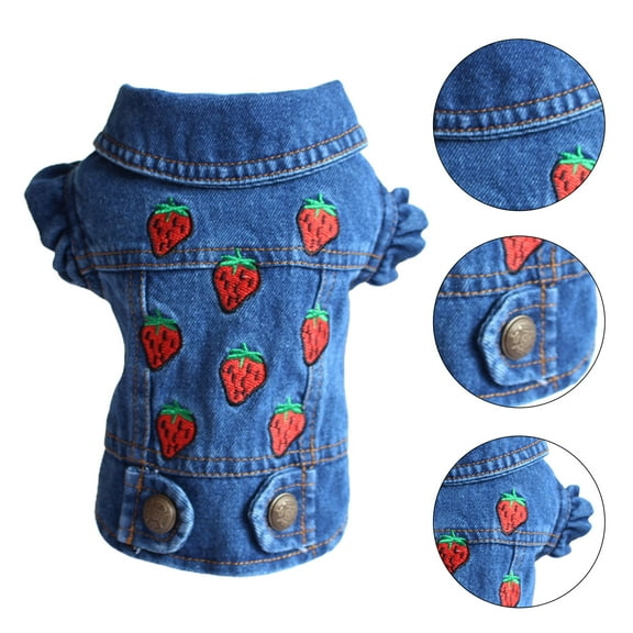 Walbest Dog Jean Jacket, Puppy Blue Denim Lapel Vest Coat Costume, Girl Boy Dog T-Shirt Strawberry Print Clothes, Cool and Funny Apparel Outfits, Dog Outfits for Small Medium Dogs Cats