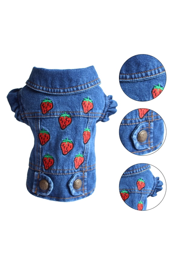 Dog Jean Jacket, Puppy Blue Denim Lapel Vest Coat Costume, Girl Boy Dog T-Shirt Strawberry Print Clothes, Cool and Funny Apparel Outfits, Dog Outfits for Small Medium Dogs Cats