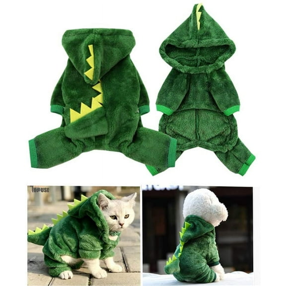 Walbest Dog Plush Outfit with Hood Pet Dinosaur Costume Pet Dino Hoodies Warm Dragon Coat Four-Leg Jumpsuit Cute Winter Clothes for Cats and Small to XX-Large Dog (M, Green)