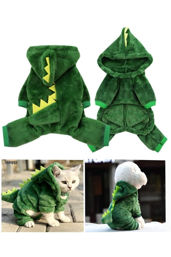 Dog Plush Outfit with Hood Pet Dinosaur Costume Pet Dino Hoodies Warm Dragon Coat Four-Leg Jumpsuit Cute Winter Clothes for Cats and Small to XX-Large Dog (M, Green)