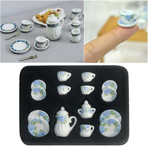 Walbest Doll House Miniature Mini Ceramic Tea Set Model, Dollhouse Food Play Scene Model Fairy Garden Decor Ornaments