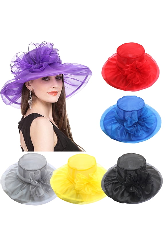 Elegant Ladies Organza Top Hat Double Layer Wide Brim Cap Lace Flower Foldable Summer Hat