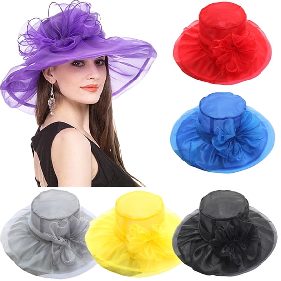 Walbest Elegant Ladies Organza Top Hat Double Layer Wide Brim Cap Lace Flower Foldable Summer Hat