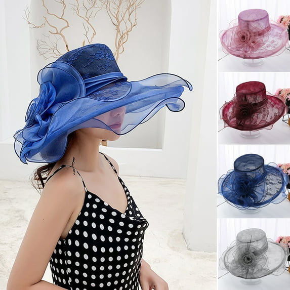 Walbest Fashion Women Sun Hat Wide Brim Wedding Tea Party Church Organza Hat, NEW Sun Hat Ladies Solid Large Flower Cap