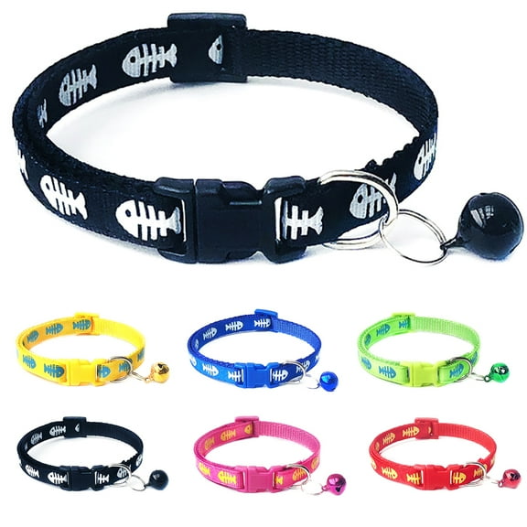 Walbest Fish Bone & Reflective Cat Collar with Bell Basic Dog Cat Collar Buckle Adjustable Polyester Cat Dog Collar or Seatbelts, Adjustable 19-32cm