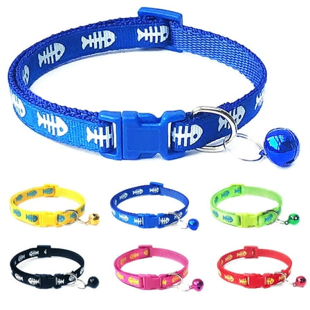 Walbest Fish Bone & Reflective Cat Collar with Bell Basic Dog Cat Collar Buckle Adjustable Polyester Cat Dog Collar or Seatbelts, Adjustable 19-32cm