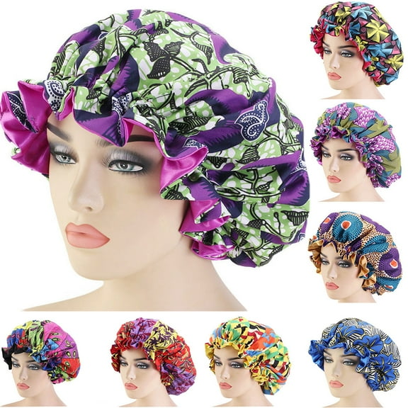 Walbest Floral Print Satin Bonnet Hair Care Cap for Natural Hair Large Sleeping Hair Wrap Cap, Double-Layer Reversible Satin Cap Elastic Night Sleeping Head Cover for Women Long Curly Hair