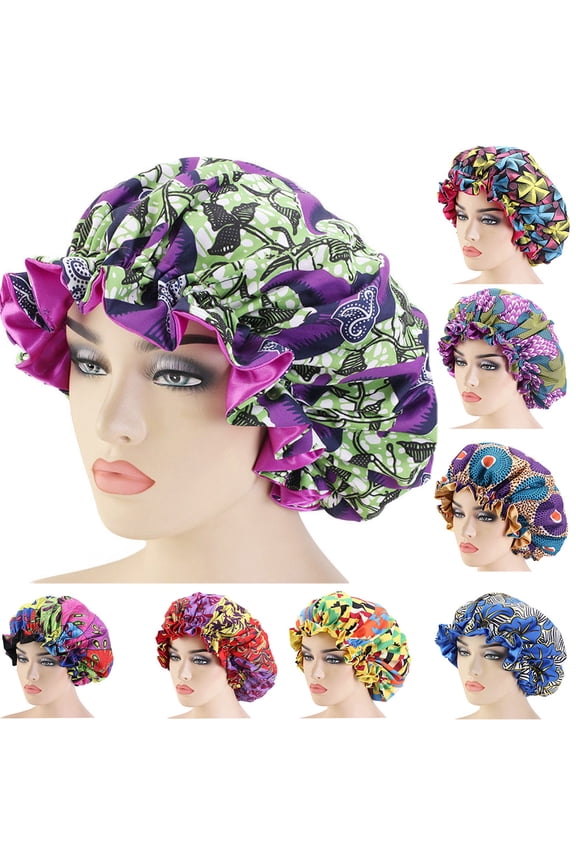 Floral Print Satin Bonnet Hair Care Cap for Natural Hair Large Sleeping Hair Wrap Cap, Double-Layer Reversible Satin Cap Elastic Night Sleeping Head Cover for Women Long Curly Hair