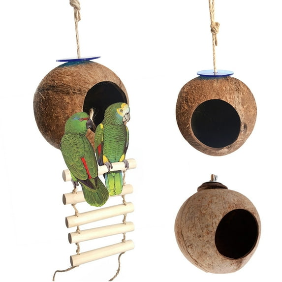 Walbest Hanging Bird House with Ladder, Natural Coconut Fiber Shell Bird Nest Breeding for Parrot Parakeet Lovebird Finch Canary,Coconut Hide Bird Swing Toys for Hamster,Bird Cage Accessories