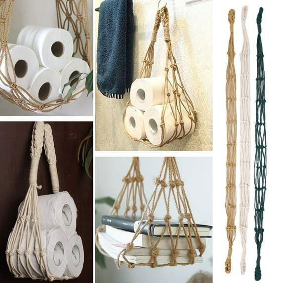 Walbest Hanging Storage Bag Cotton Line Hand-knitted Rope Bag, Hollow Space-Saving Rope Bag for Toilet Paper Book, Wall Hangings Decor, Length: 42.13"