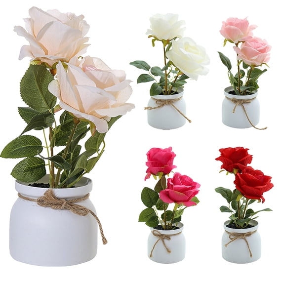 Walbest Home Office Desk Simulation Plant Set - Unfading Artificial Two Roses Flower with Flower Pot, Indoor Artificial Plants Desk Decor for Home (3.74" x 3.74" x 10.63")