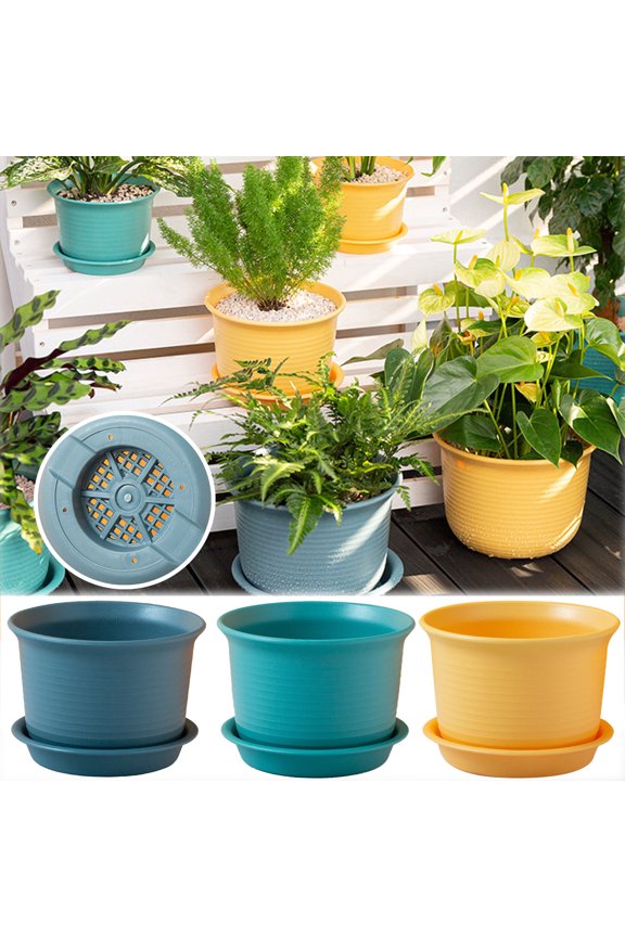 Indoor Thicken Planter with Drainage Hole and Tray for All House Plants, Reliable Plastic Ripple Pattern Flowerpot for Home Garden