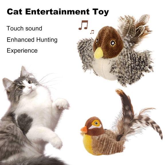 Walbest Interactive Chirping Bird Cat Toy Touch Activated Kitten Toy Squeaky Cat Toy with Feather Tail Plush Bird Cat Teaser for Indoor Cats