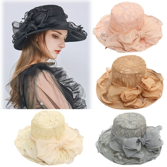 Walbest Lady Derby Cap Church Lace Bow Flat Top Sun Hat Wedding Bowler Hat