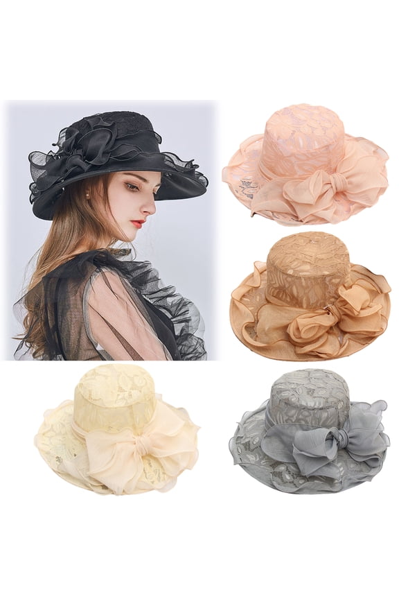 Lady Derby Cap Church Lace Bow Flat Top Sun Hat Wedding Bowler Hat