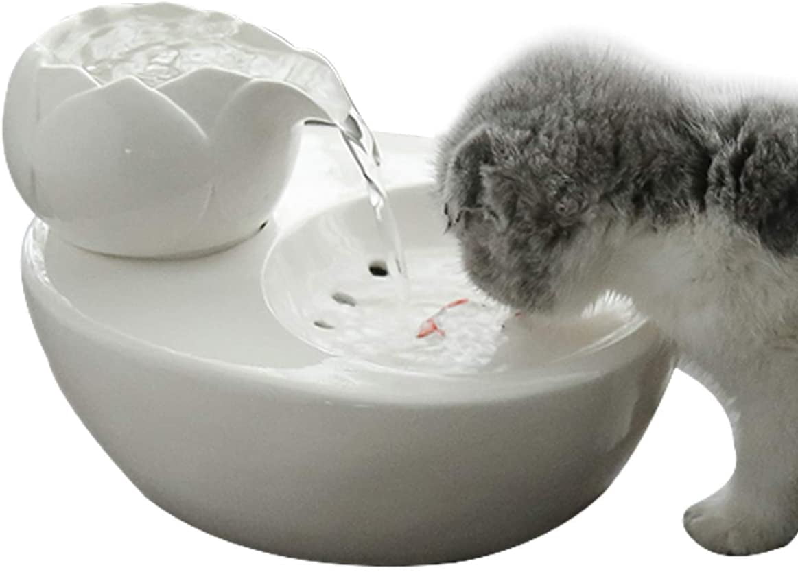 Walbest Lotus Cat Water Fountain, Automatic Ceramic Drinking Fountain for Pets, 8.1" x 6.6" x 5.4" USB Water Capacity (White)