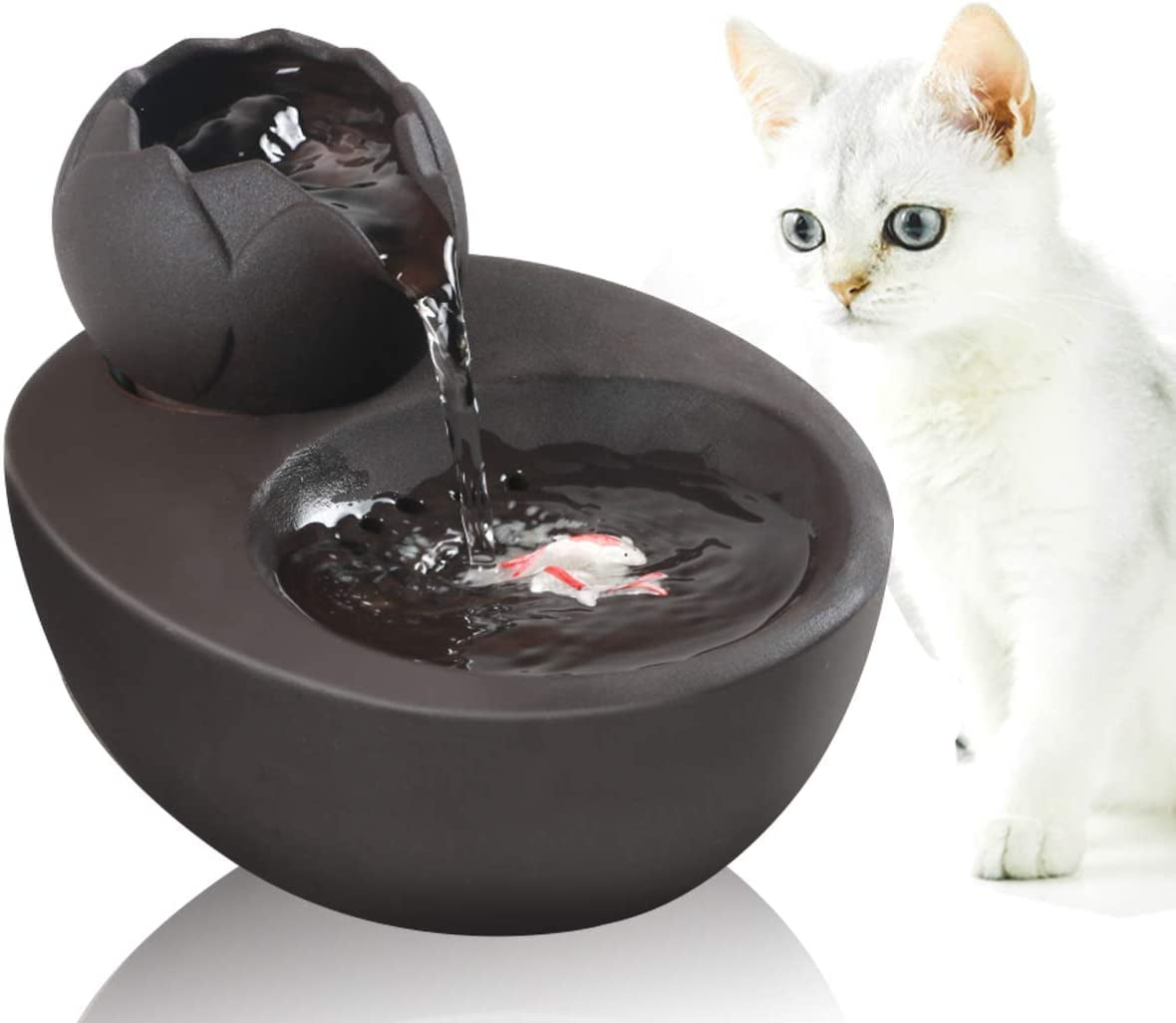 Walbest Lotus Cat Water Fountain, Automatic Ceramic Drinking Fountain for Pets, 8.1" x 6.6" x 5.4" Water Capacity (Black)