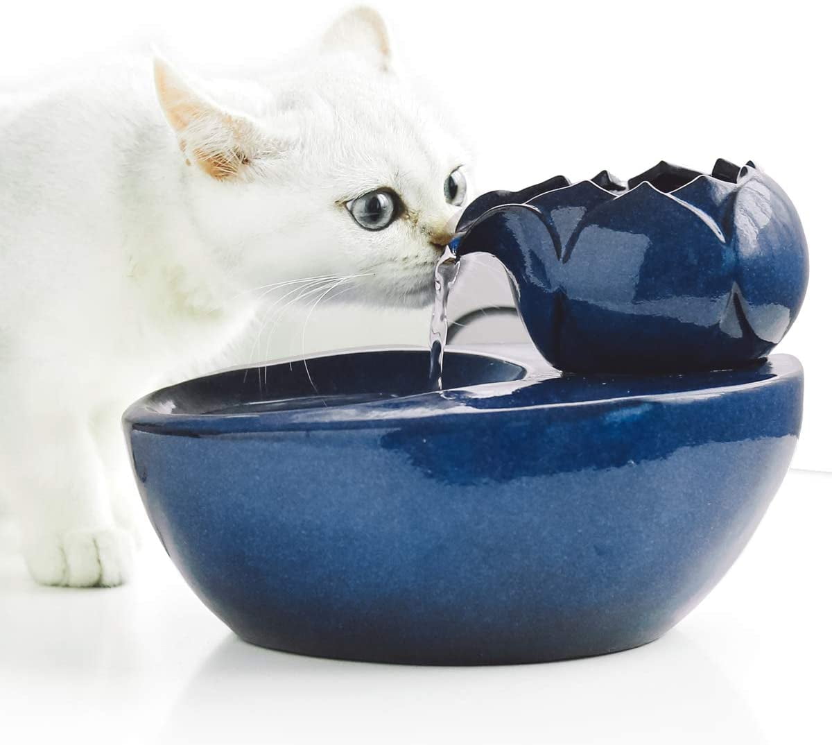 Walbest Lotus Cat Water Fountain, Automatic Ceramic Drinking Fountain for Pets, 8.1" x 6.6" x 5.4" Water Capacity (Blue)