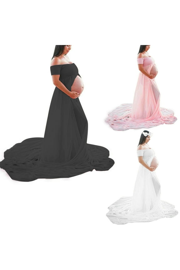 Maternity Dress for Photography Off Shoulder Chiffon Front Split Long Maxi Pregnant Dress for Photoshoot