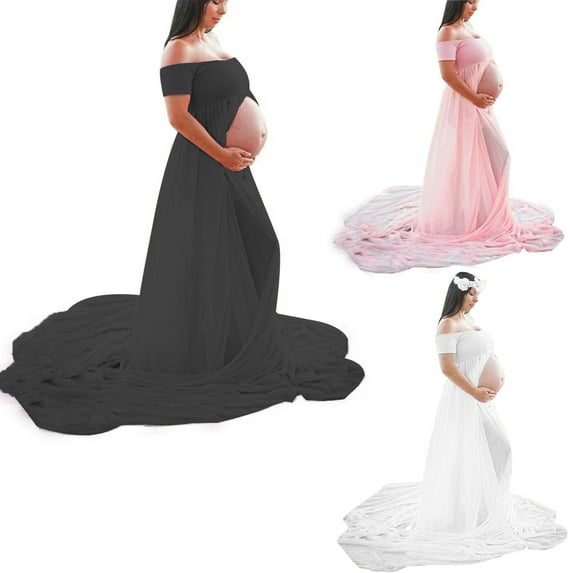 Walbest Maternity Dress for Photography Off Shoulder Chiffon Front Split Long Maxi Pregnant Dress for Photoshoot