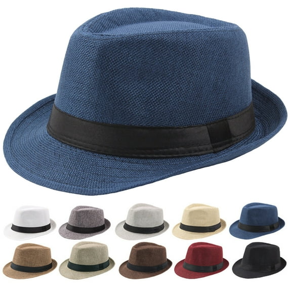 Walbest Men Solid Color Linen Beach Hat, Outdoor Wide Brim Fedora Felt Hat Panama Cap Boater Summer Beach Sunhat