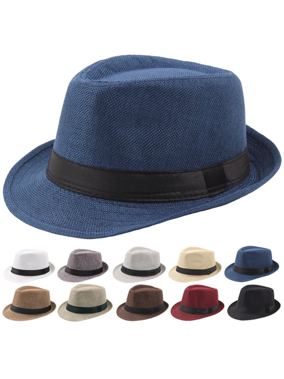 Men Solid Color Linen Beach Hat, Outdoor Wide Brim Fedora Felt Hat Panama Cap Boater Summer Beach Sunhat