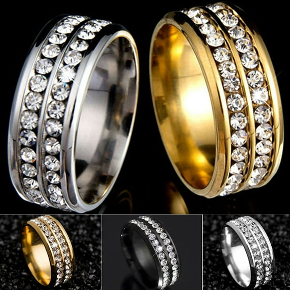 Walbest Men Women Ring, Titanium Steel Fadeless Double Rows Rhinestone Ring Jewelry for Wedding Party Banquet, Size: 6 7 8 9 10 11