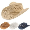 thumbnail image 1 of Walbest Men Women's Summer Western Cowboy Straw Hat Hollow Out Woven Wide Brim Sun Hat, 1 of 7