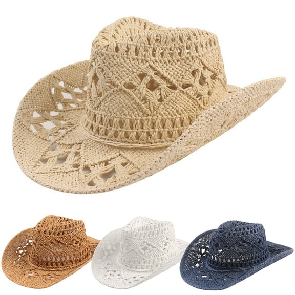 Walbest Men Women's Summer Western Cowboy Straw Hat Hollow Out Woven Wide Brim Sun Hat
