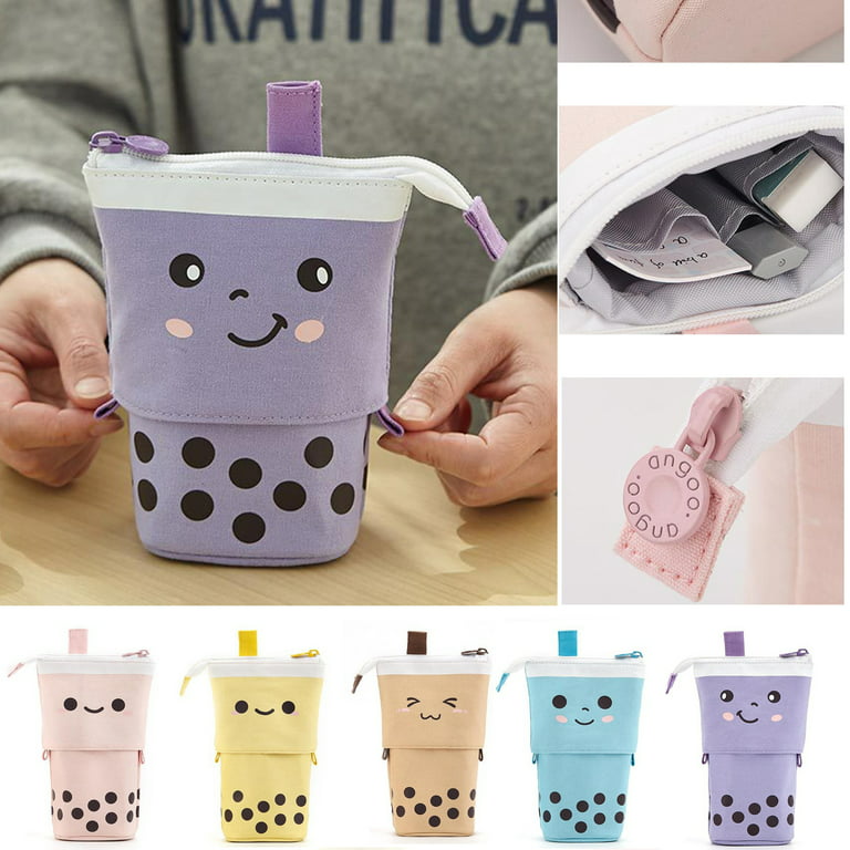 1 Set Cute Boba Milk Tea Retractable Pen Bag Pencil Holder Stationery Case  Stand Up Pencil Case For Kids Stationery Pouch Bag