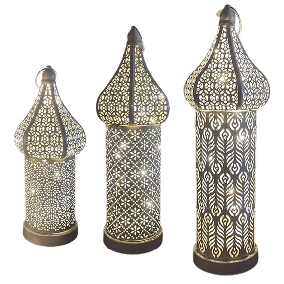 Walbest Moroccan Style Decorative Lamp Hollow Luminous White Light Effect LED Lantern Lamp, Wrought Iron Lantern Home Party Decorative Light Ornament (Batteries Not Included)