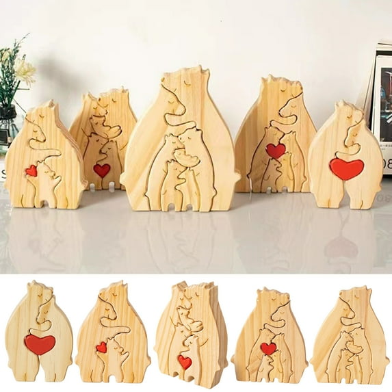 Walbest Personalized Wooden Bear Puzzle with 2-7 Family Name Wood Bear Puzzle Desktop Figurine Custom Family Name Sculpture for New Parents