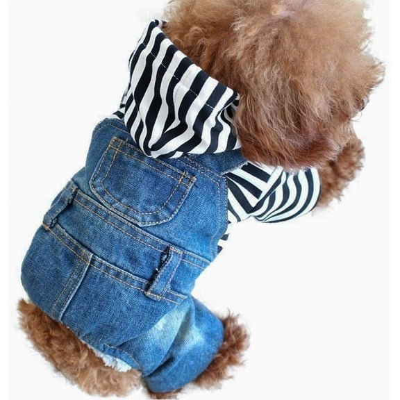 Walbest Pet Clothes Pet Denim Dog Jeans Jumpsuit Overall Strip Hoodie Coat Small Medium Dogs Cats Classic Jacket Puppy Blue Vintage Washed (L)