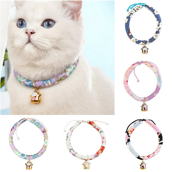 Walbest Pet Dog Cat Puppy Adjustable Cotton Linen Flower Print Bell Collar, Soft Necklace Neck Collar for Small Dog Cat Rabbit