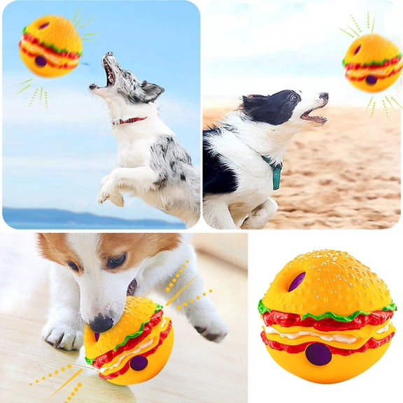 Walbest Pet Toy Burger Shape Giggle Sound Attract Bite-Resistant Dental Care Toy, Teeth Cleaning Playing Toy Dog Wobble Giggle Ball Pet Supply