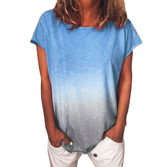 Walbest Plus Size Women Casual Gradient Tie Dye T-Shirt Summer Round Neck Short Sleeve Tee Tops
