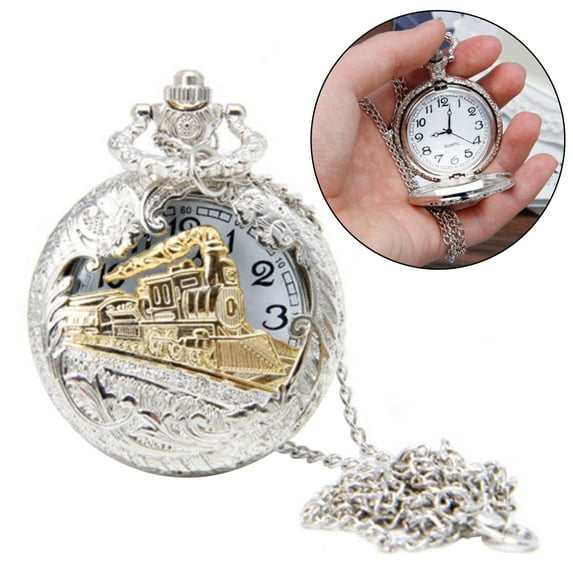 Walbest Pocket Watch Vintage Steam Train Pattern Locomotive Pendant Alloy Quartz Movement Chain Necklace Watch