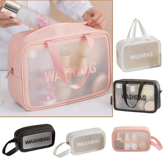 Walbest Portable (Made of PVC & Leather) Large-capacity Translucent Travel Wash Bag, Waterproof Stain Resistant Matte Makeup Cosmetic Bag, Skin Care Product Storage Pouch